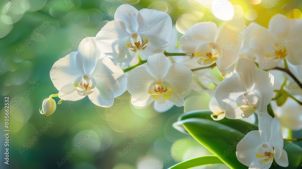 Luminous white orchids against a blurred bokeh background with sunlight. Luminous white orchids against a blurred bokeh background with sunlight.