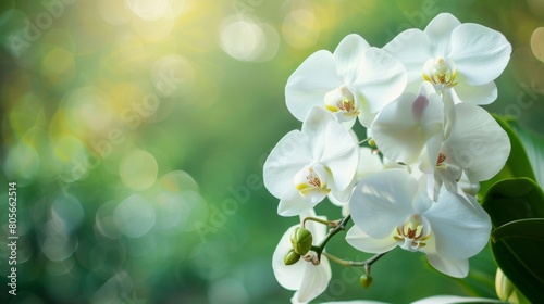 Beautiful white orchids with vibrant green leaves in a natural, sunlit setting. © Cassova