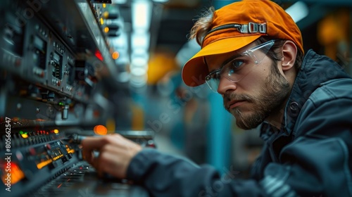 A realistic depiction of a CNC maintenance technician meticulously calibrating a machine, with a focus on the tools and instruments used underscoring the importance of precision in every aspect of CNC
