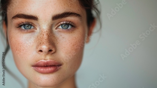 Portrait of a young woman with blue eyes and freckles, looking pensively at the viewer.