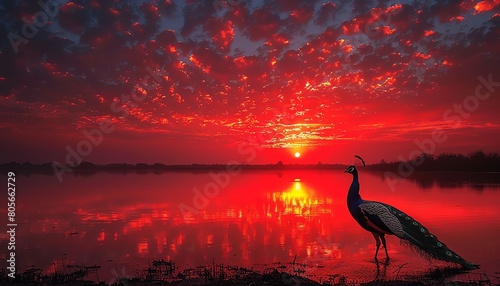 Silhouette of a peacock at sunset, dramatic sky, tranquil scene