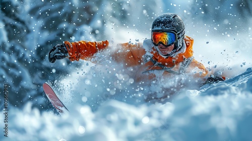 Snowboarder carving through fresh snow on a mountain, dynamic action shot