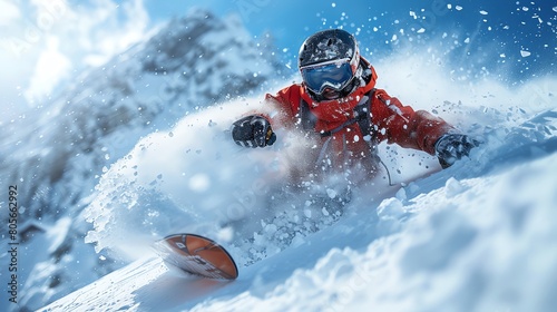 Snowboarder carving through fresh snow on a mountain, dynamic action shot