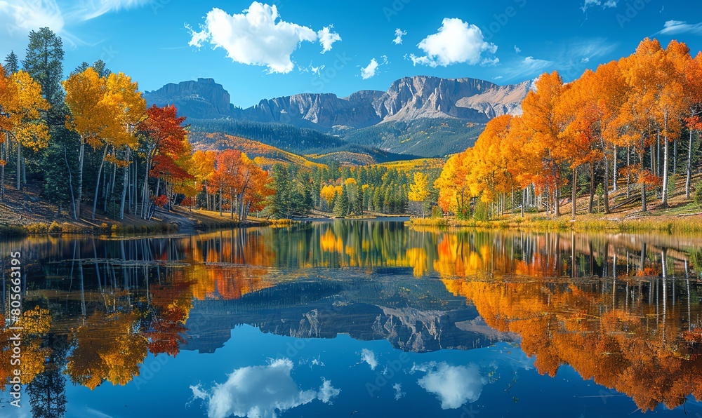 Naklejka premium Tranquil mountain lake mirroring the vibrant autumn colors, serene morning