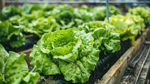 A row of green lettuce plants are growing in a greenhouse. The plants are in black containers and are arranged in a neat row. Concept of order and organization, as well as the potential for growth
