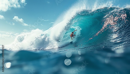 Surfer catching a big wave, action shot, clear blue sky, vibrant ocean color