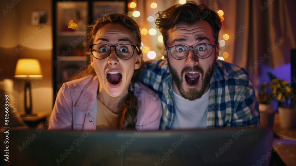 Fototapeta premium Couple with shocked expressions using a computer late at night at home.