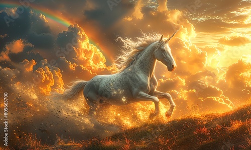 Unicorn rearing up on a cliff  rainbow in the background  dramatic skies