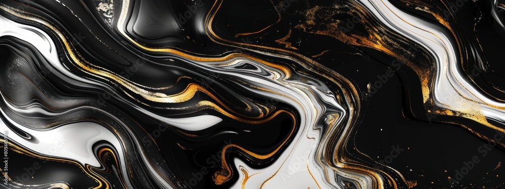 Obraz premium A black and white swirl of liquid gold flowing through it, with metallic sheen and a touch of futuristic elegance.