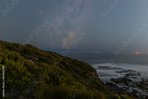 Photography Milky way galaxy over Curl Curl Beach, Sydney, Australia.