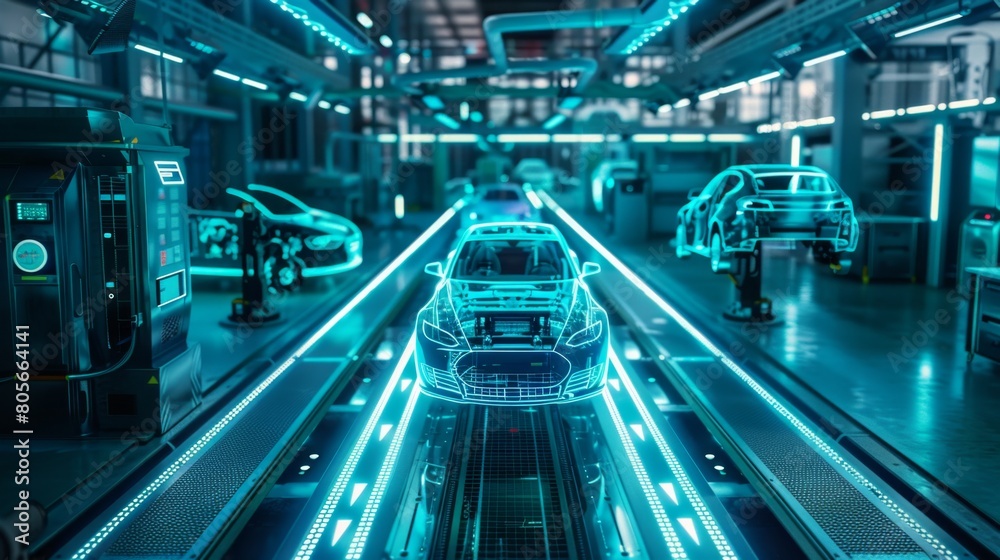 A futuristic car is assembled by robotic systems in a high-tech factory setting. A futuristic car is assembled by robotic systems in a high-tech factory setting.