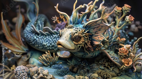 Bring to life a dreamy underwater realm in a clay sculpture  molding intricate details of mystical underwater flora and fauna in an enchanting impressionistic style