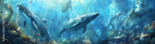 Capture the enchanting beauty of a bustling marine ecosystem in a wide-angle view, depicting graceful sea creatures like majestic whales and playful dolphins, using soft, ethereal brushstrokes inspire