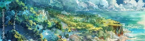 Capture the enchanting world of Isekai through a unique tilted angle view  using watercolor to bring vibrant landscapes to life