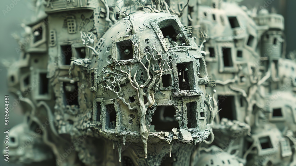 Craft a clay sculpture depicting a surrealistic dystopian scene in a close-up view, showcasing intricate detailing of distorted buildings and eerie vegetation Incorporate unexpected camera angles to h Craft a clay sculpture depicting a surrealistic dystopian scene in a close-up view, showcasing intricate detailing of distorted buildings and eerie vegetation Incorporate unexpected camera angles to h