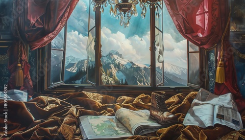 Craft a detailed traditional oil painting capturing a worms-eye view of luxurious elements like a chandelier or velvet sofa combined with small survival story details like a worn hiking boot or a map