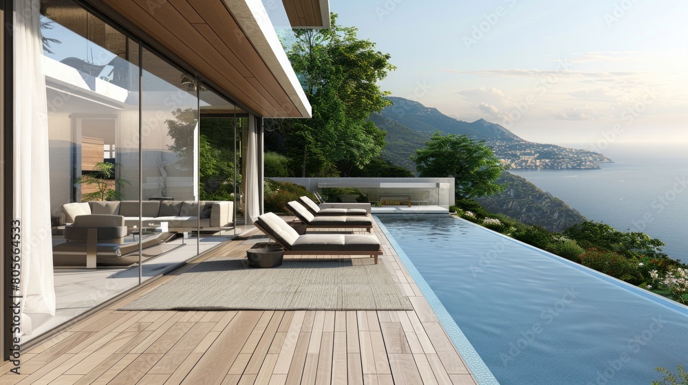 Elegant modern home with a poolside terrace and stunning mountain views, AI Generative.