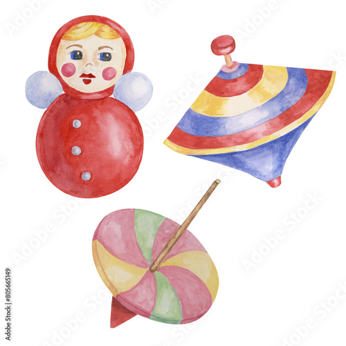 Spinning top, humming top and red roly poly tumbler doll toys. Retro balance whirligig play objects kids watercolor game clipart for baby shower, invitation, birthday party, postcard, nursery decor