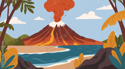 Volcanic Mountain and Mountain Lake - Dramatic Landscape Illustration of Lush Mountainous Terrain. Vector EPS 10.