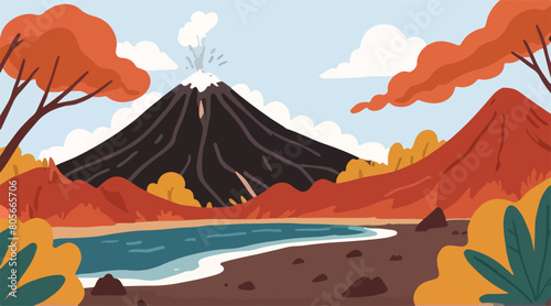 Volcanic Mountain and Mountain Lake - Dramatic Landscape Illustration of Lush Mountainous Terrain. Vector EPS 10.