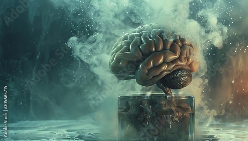 An imaginative brain encased in a cube of glacial ice, surrounded by steam photo