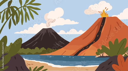 Volcanic Mountain and Mountain Lake - Dramatic Landscape Illustration of Lush Mountainous Terrain. Vector EPS 10.