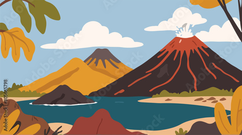 Volcanic Mountain and Mountain Lake - Dramatic Landscape Illustration of Lush Mountainous Terrain. Vector EPS 10.