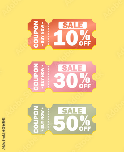 Set of discount coupons, 50% off, 30% off, 10% off. Vector illustration.