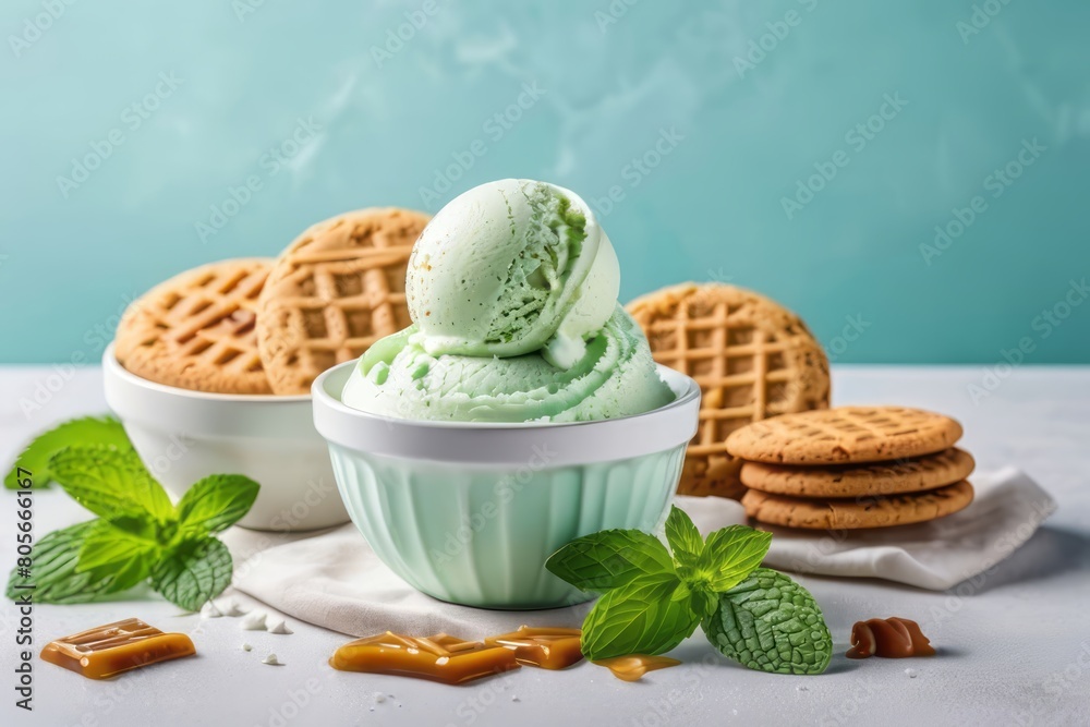 Mint ice cream with pepermint in a bowl and cookies, pastries. Creme brulee on a stone background. Summer concept of homemade dessert. Banner with copy space, place for text
