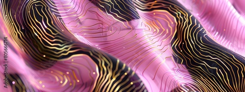 a close up of an op art pattern with black and gold lines on pink fabric  honeycomb  shiny  silk screen print  pink magenta white background  fluid organic shapes.