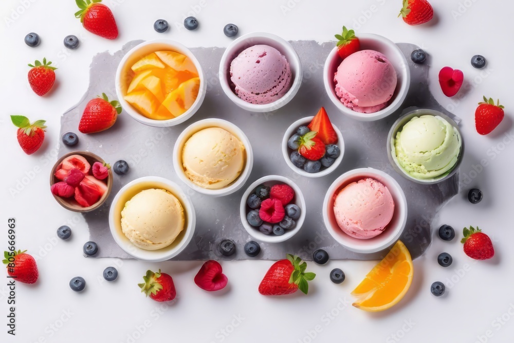 Ice cream scoops dessert with different flavors and fresh orange slices, strawberry, raspberry, blueberry on a white background. Summer dessert photography. Banner with copy space, place for text