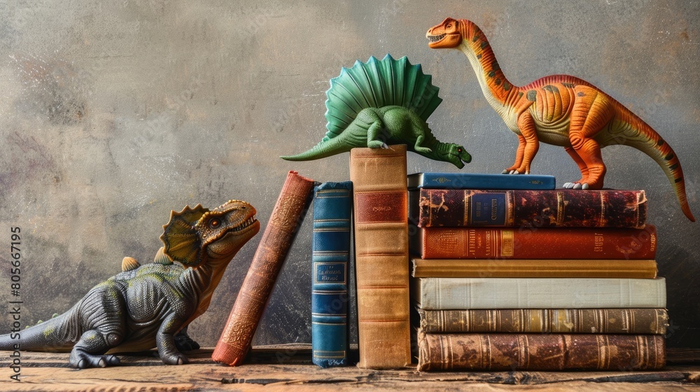 Obraz premium Plastic dinosaur toys on stack of vintage hardcover books against rustic backdrop
