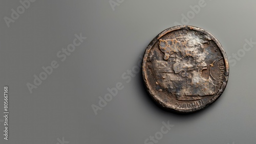 Weathered old coin on gray background