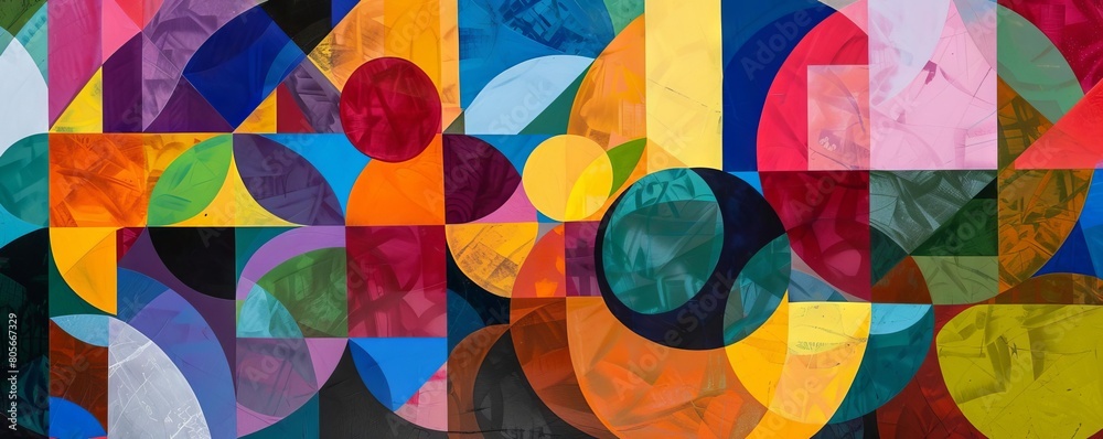 An artistic composition of geometric shapes, including circles, squares, and triangles, overlapping in a mosaic of vibrant colors An artistic composition of geometric shapes, including circles, squares, and triangles, overlapping in a mosaic of vibrant colors