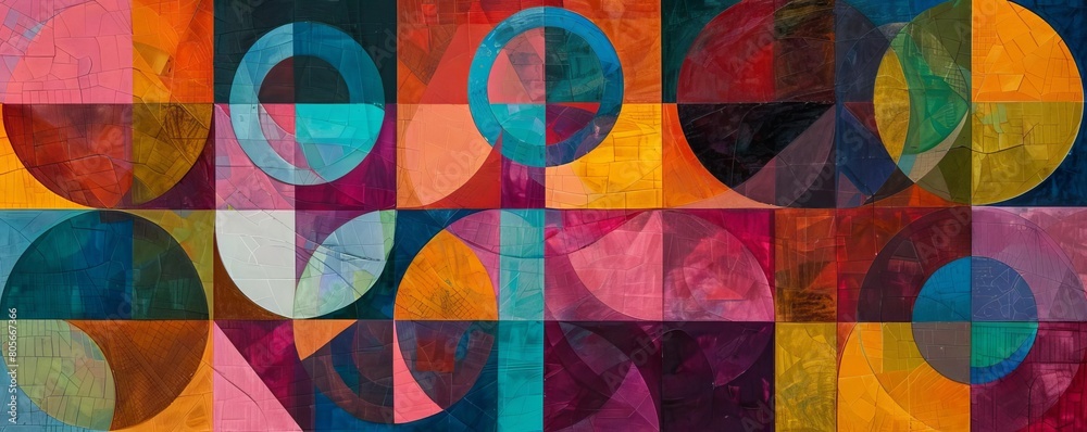 An artistic composition of geometric shapes, including circles, squares ...