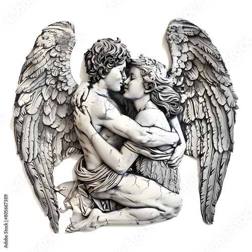 Psyche brought back by Cupid's embrace in a classic monochrome horizontal picture, evoking timeless beauty and affection. Suitable for art and mythology references.