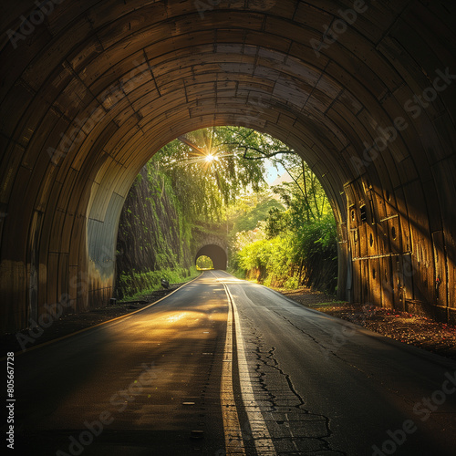 Sunlight Peering Through a Scenic Tunnel Road