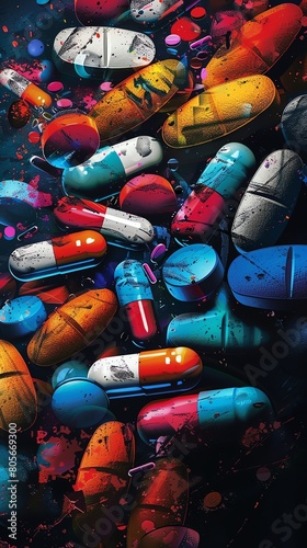 Illustrate an eye-catching scene from above featuring an assortment of capsules