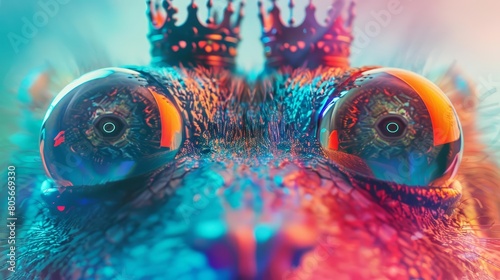 Crowns of kings reflect in the luminous eyes of an Anthropomorphic cyber mammal, colorful strange bizarre sharpen blur background with copy space