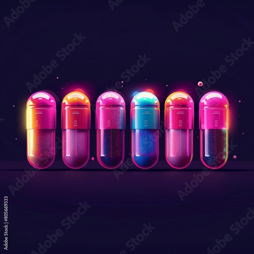 Craft a photorealistic digital illustration of a row of glossy, vibrant capsules, centered in the composition Each capsule uniquely detailed with a different opioid label