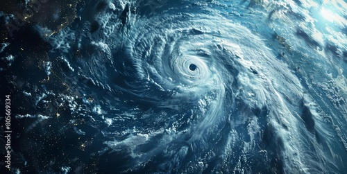 Cyclone hurricane seen from space swirls majestically in the futuristic space banner  demonstrating natures power from above  Sharpen banner template with copy space on center