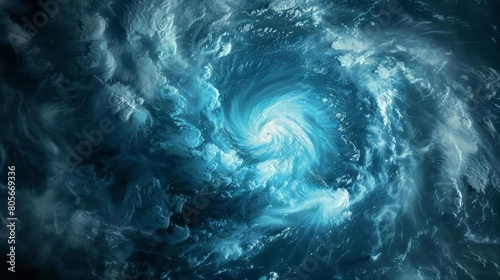Cyclone hurricane seen from space swirls majestically in the futuristic space banner, demonstrating natures power from above, Sharpen banner template with copy space on center
