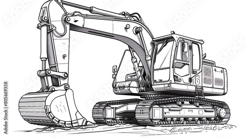 Illustrate a detailed frontal view of an excavator for a coloring book Capture its metallic sheen and rugged tires Ensure the outline is bold for easy coloring