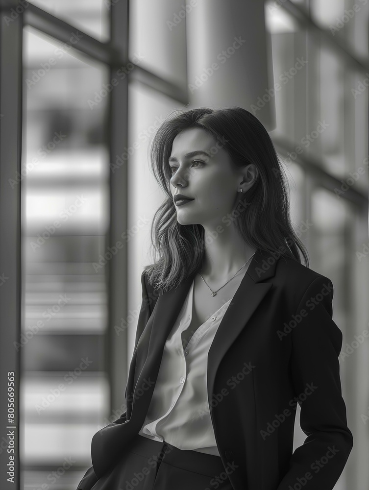 Fototapeta premium an elegant business woman with a slight smile standing at the office in a modern building. generative AI
