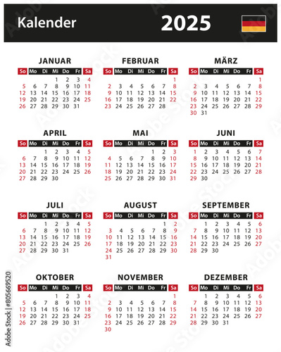2025 Calendar - vector stock illustration. Germany, German version | Kalender 2025 - Vektorgrafik. Deutschland, deutsche Version