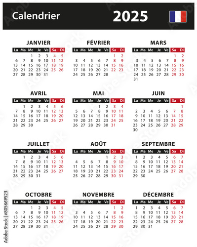 2025 Calendar - vector stock illustration. France, French version | Calendrier 2025 - illustration vectorielle stock. France, version française