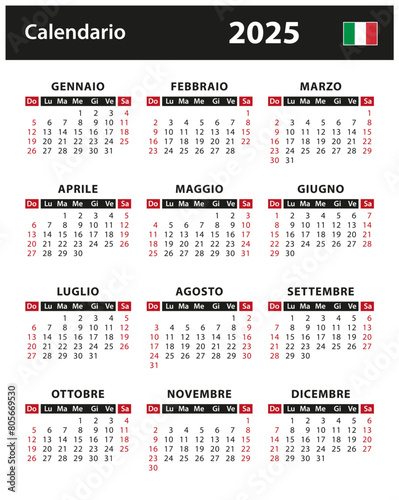 2025 Calendar - vector stock illustration. Italy, Italian version | Calendario 2025 - illustrazione di riserva di vettore. Italia, versione italiana photo