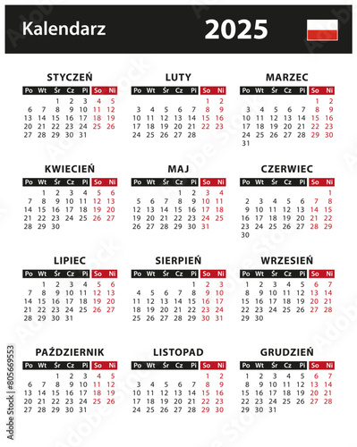 2025 Calendar - vector stock illustration. Poland, Polish version | Kalendarz 2025 - ilustracji wektorowych. Polska, wersja polska