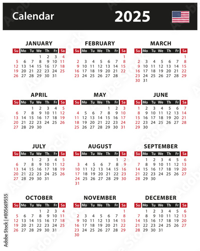 2025 Calendar - vector stock illustration. English American version