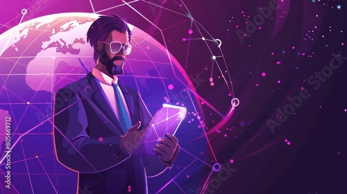 Futuristic business research banner illustrated with a businessman using a tablet to manage his global network